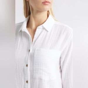 Beach lunch lounge white Connie cotton gauze button up long sleeve shirt size S